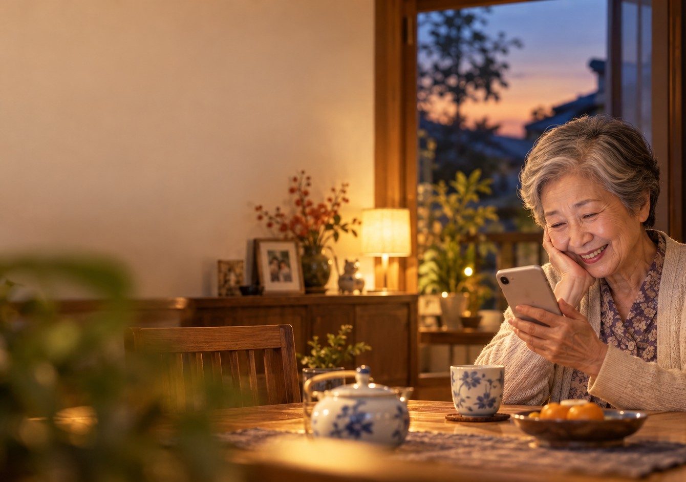 夕方の食卓で、スマホを見て笑う母親