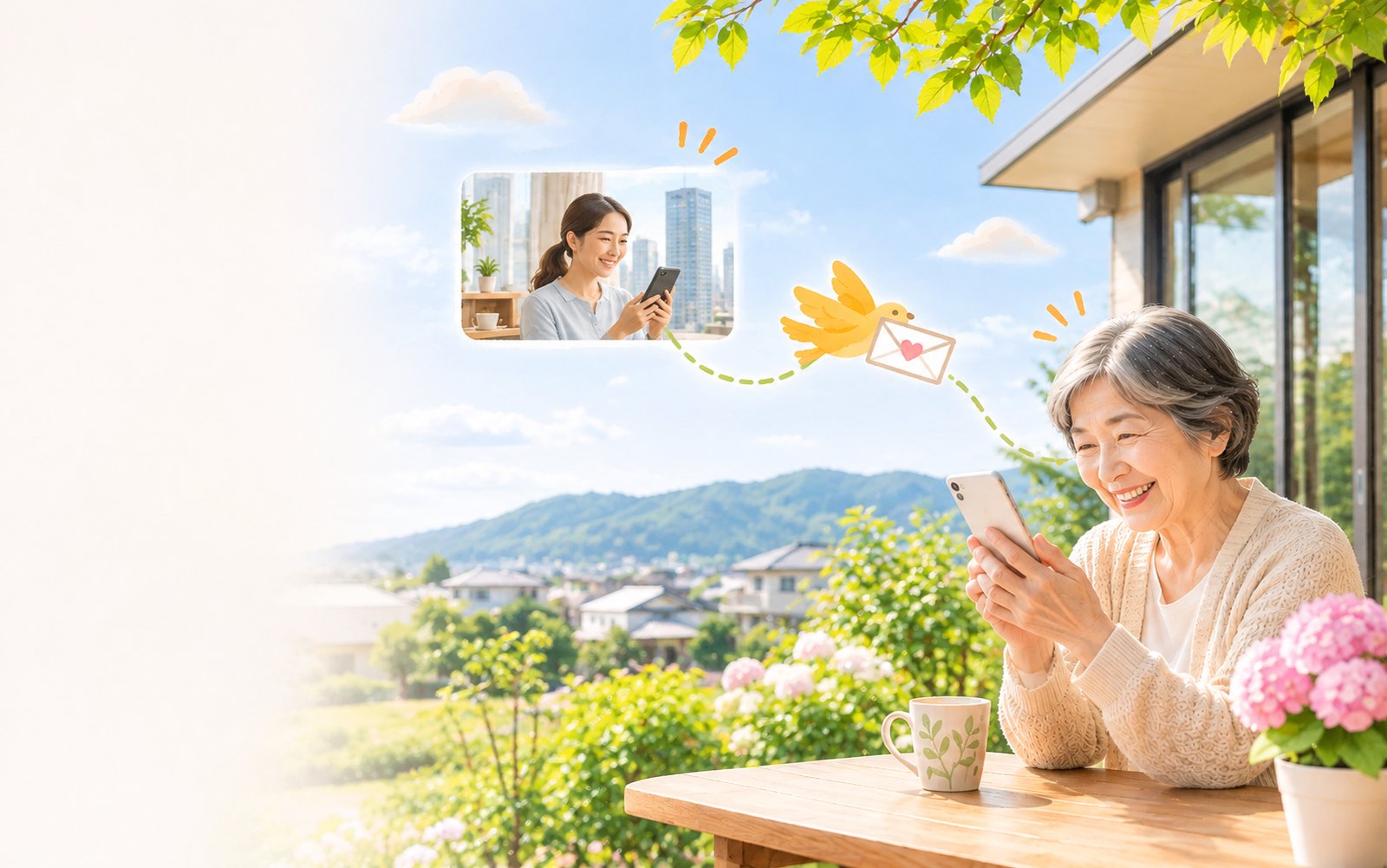 離れて暮らす娘から届いた便りを、スマホで見て笑顔になる母のイメージ
