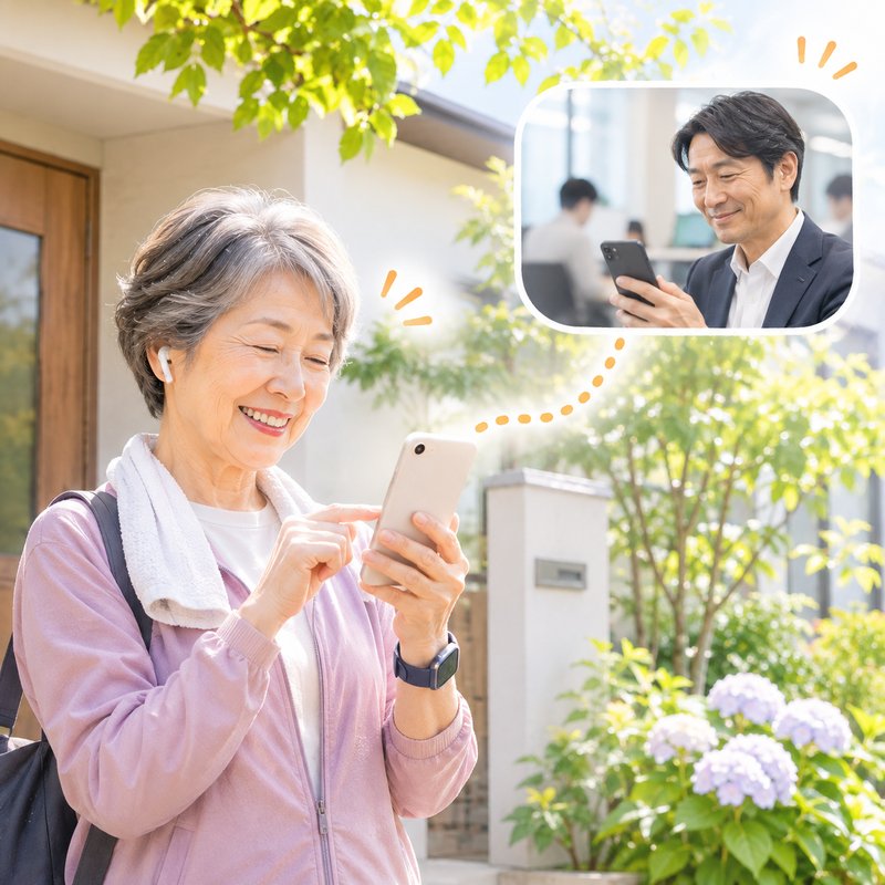 散歩の途中でスマホを見て笑う母と、職場で便りを見る息子のイメージ