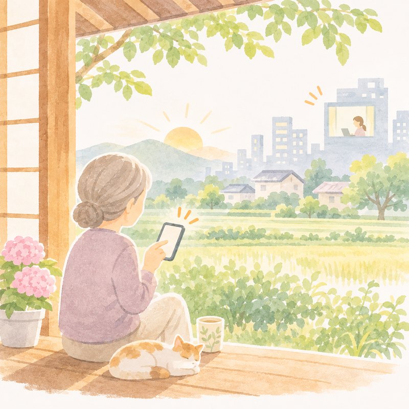 縁側でスマホを見る母と、遠くの街で働く子どものイラスト