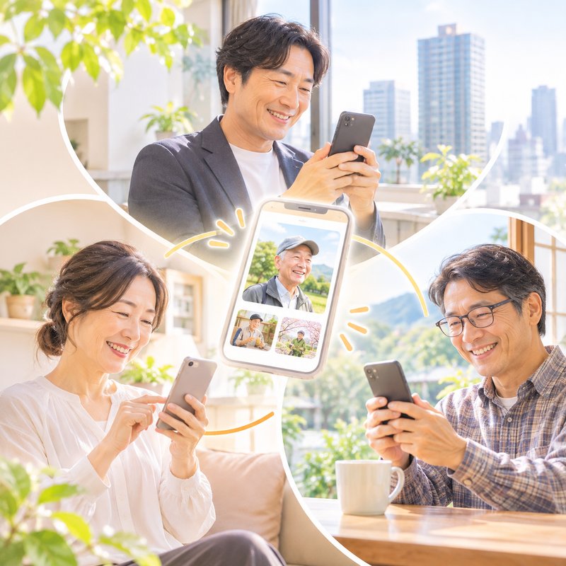 離れて暮らす3人のきょうだいが、それぞれのスマホで同じ父の便りを見ているイメージ